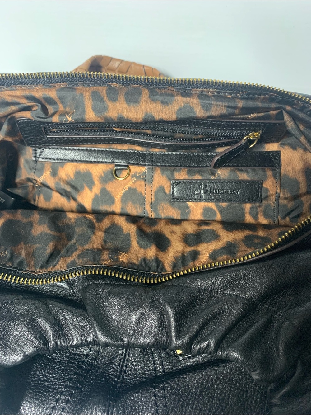 Vintage B. Makowsky Black Leather Hobo Shoulder Bag with Leopard-Print Lining